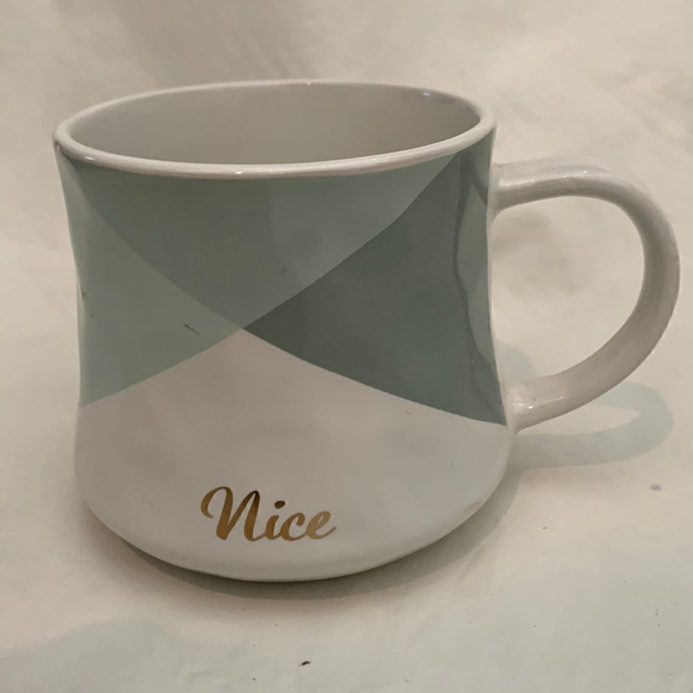 NICE Coffee Tea Cocoa White Green Porcelain Mug Gold Lettering 14 Ounces Used